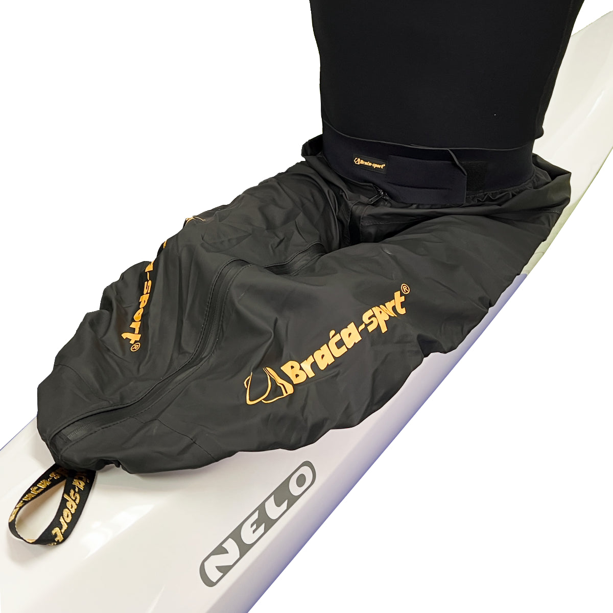 Braca Marathon Spray Skirt with zipper, white, on cockpit