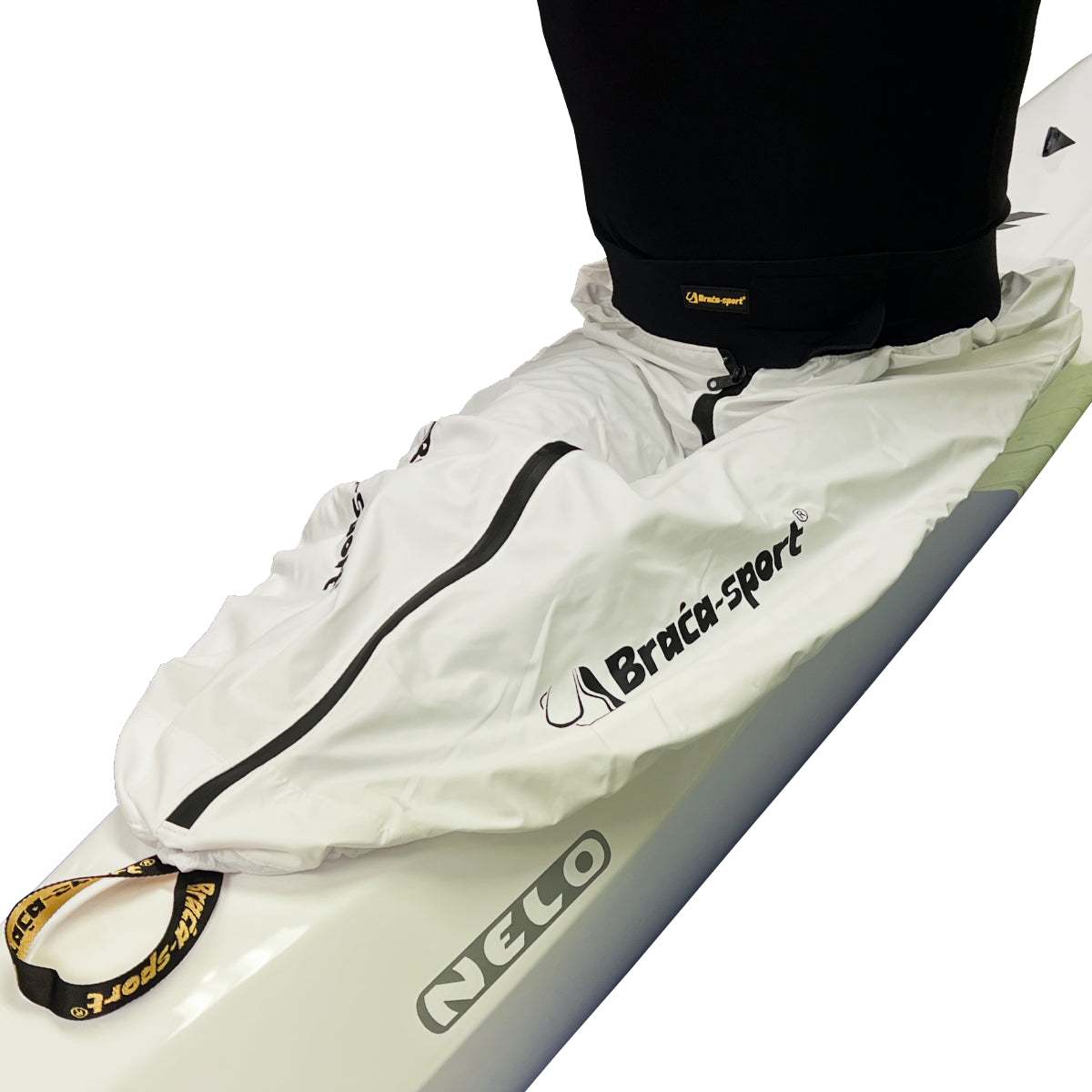 Braca Marathon Spray Skirt with zipper, white, on cockpit