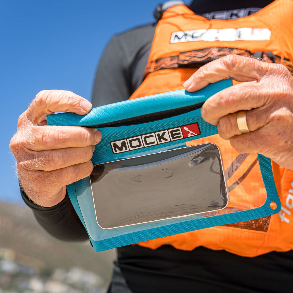 Mocke Cellphone Dry Bag turquoise, front view showing seal mechanism