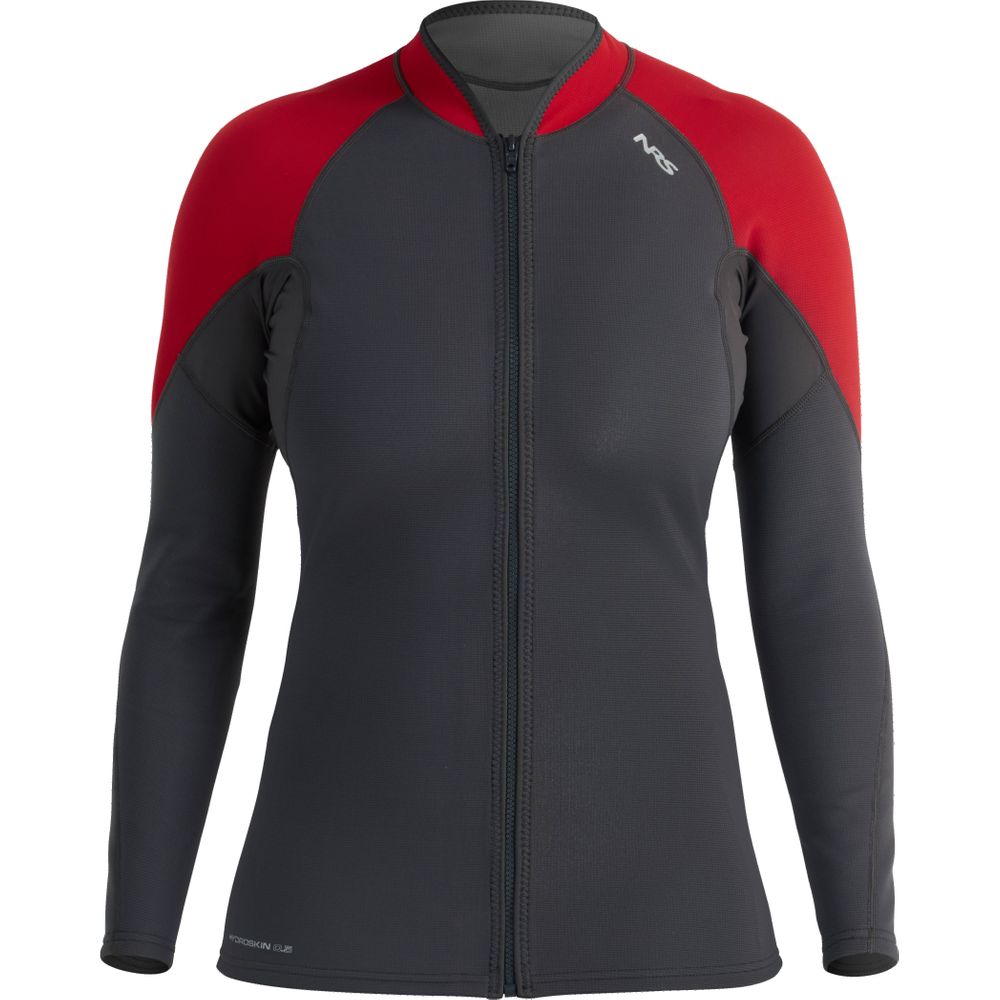 Front view of NRS Women's HydroSkin 0.5 Jacket in grey and red