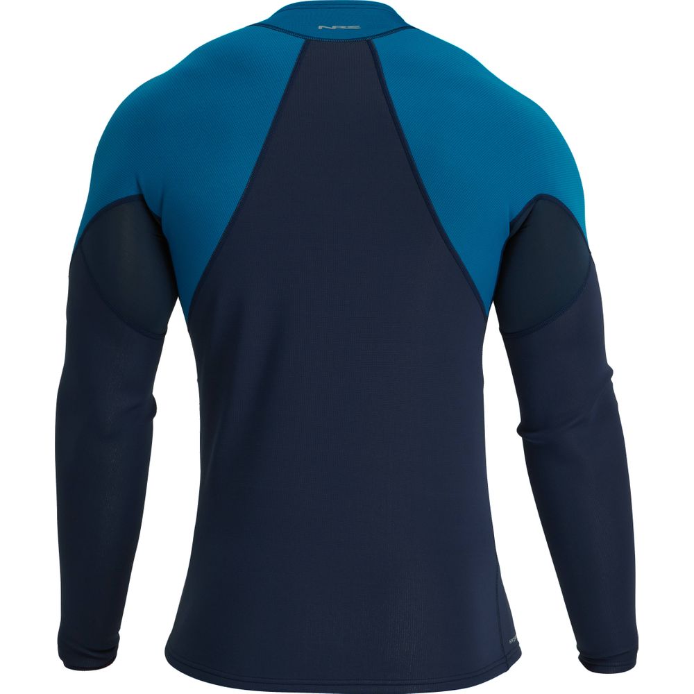 Front view of NRS Men's HydroSkin 0.5 Jacket in navy blue with lighter blue shoulders and sleeves
