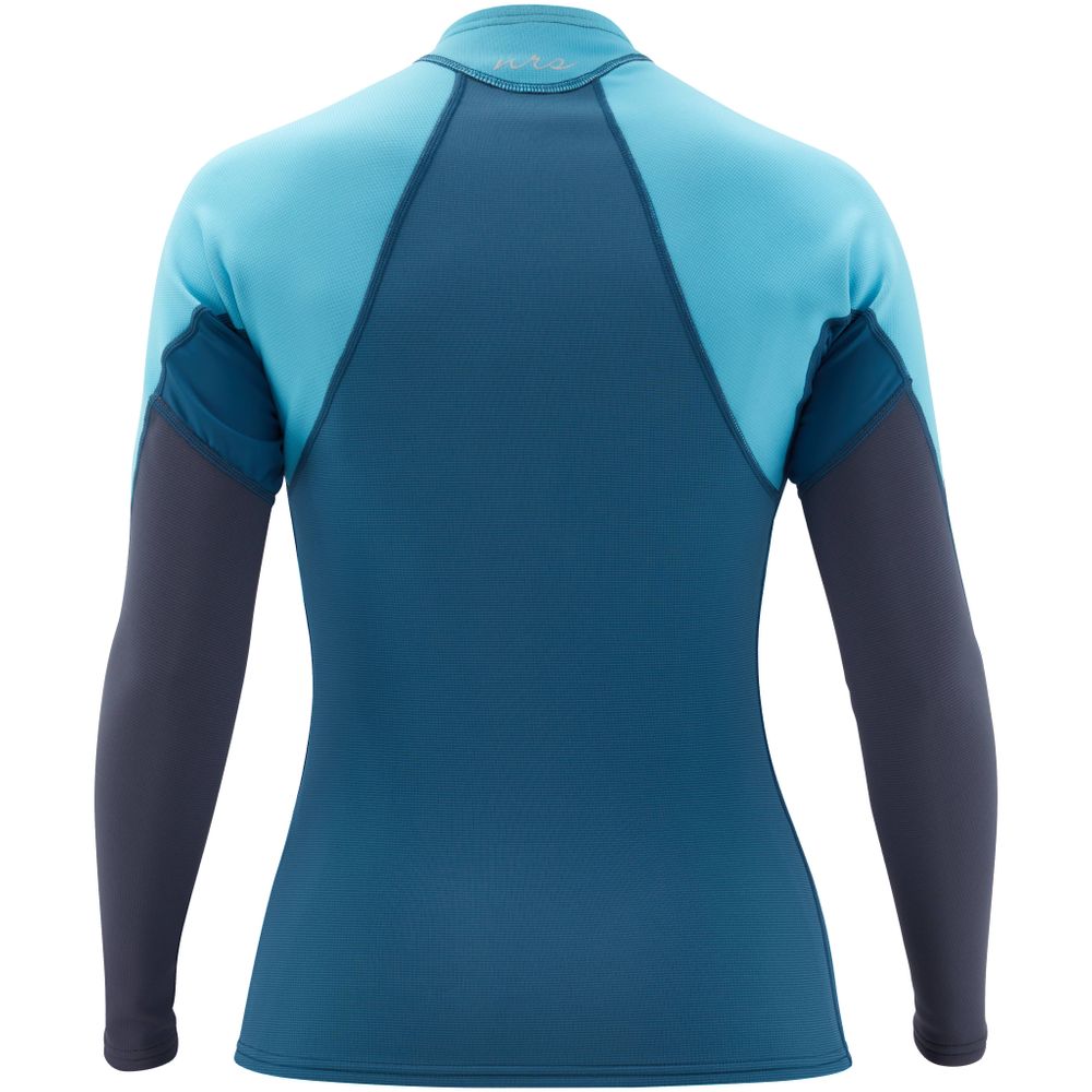 NRS Women&#39;s HydroSkin Long Sleeve Shirt neopren paddeltröja i färg poseidon (blå/turkos), bak
