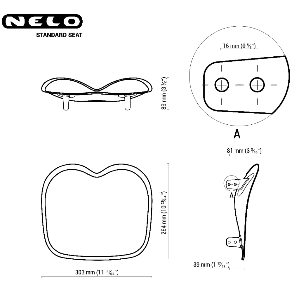 Nelo Standard seat in carbon for racing kayaks, technical drawing