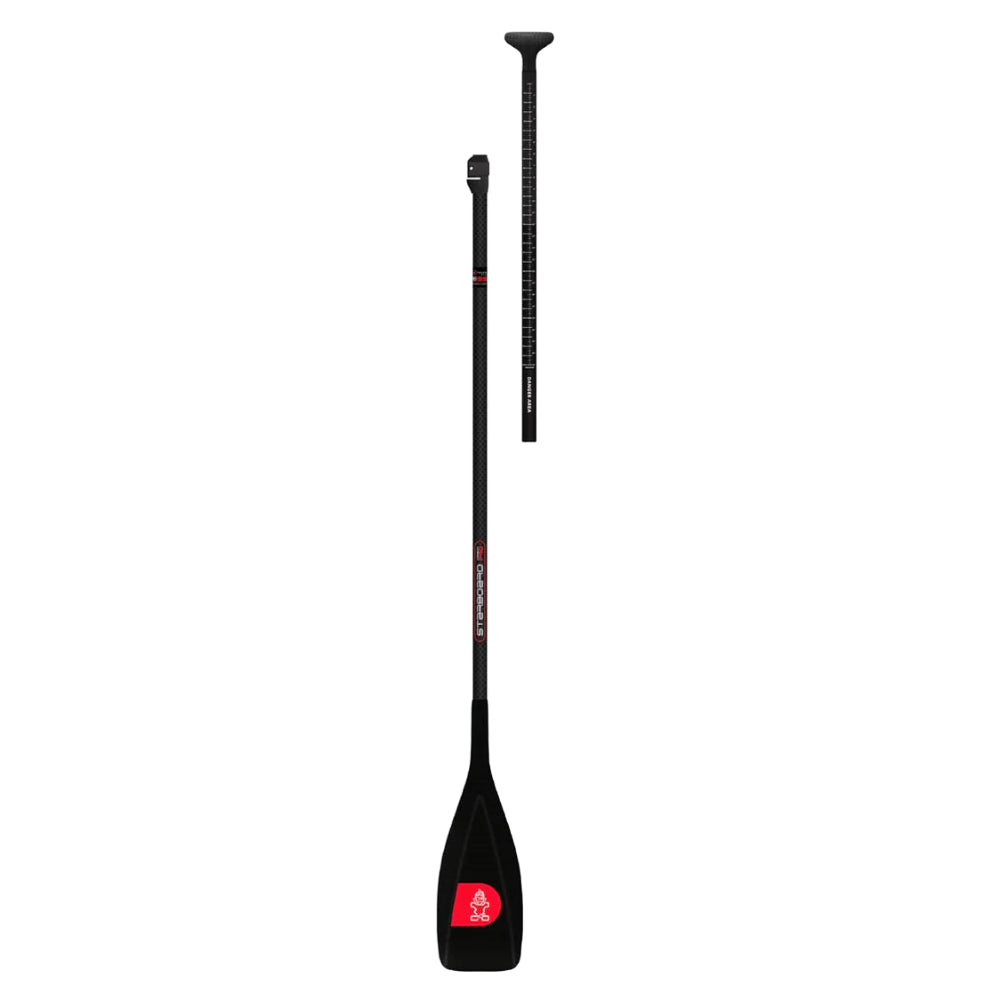 Full view of the two-piece Starboard Lima Prepreg Carbon S35 adjustable SUP paddle with carbon shaft and red label on blade.