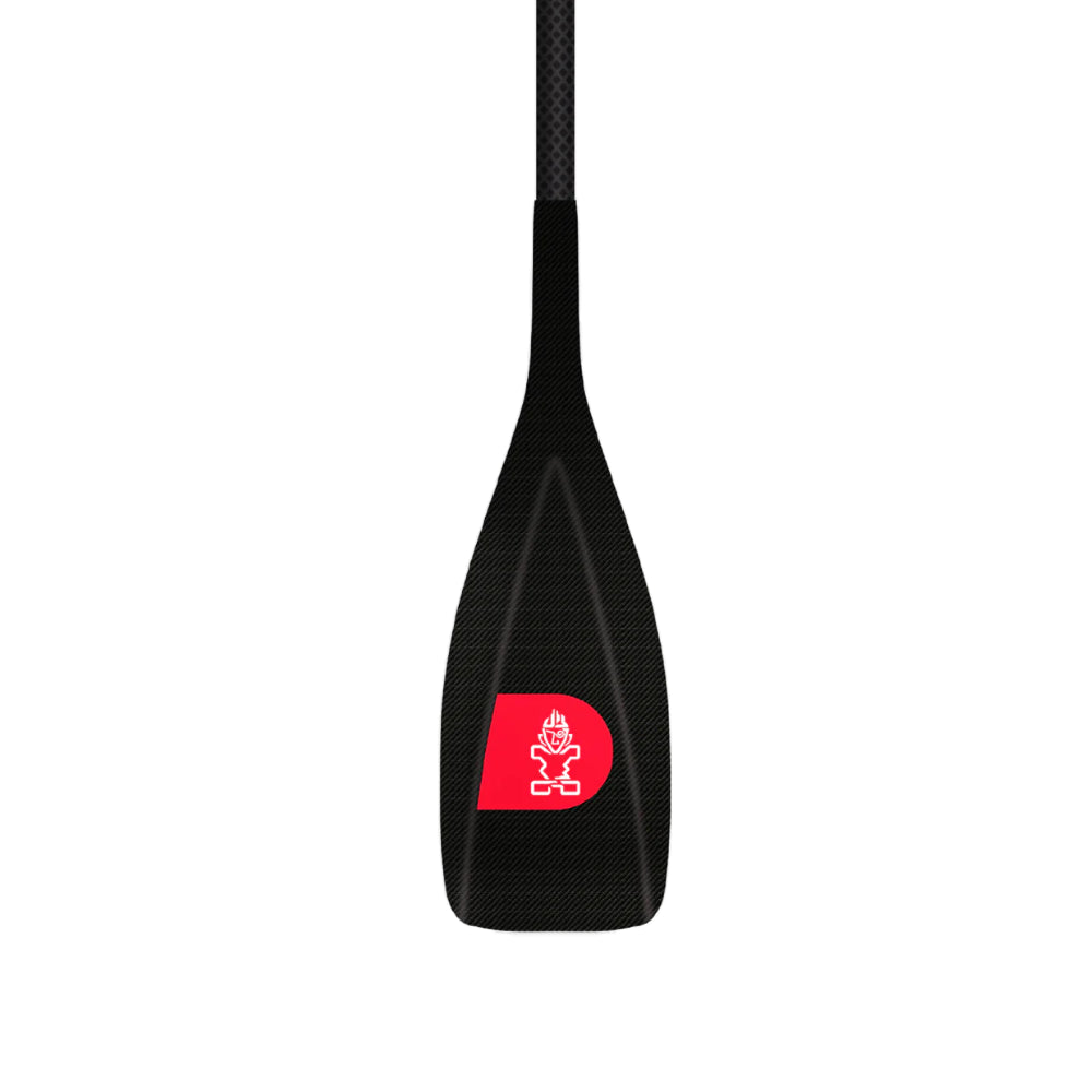 Full view of the two-piece Starboard Lima Prepreg Carbon S35 adjustable SUP paddle with carbon shaft and red label on blade.