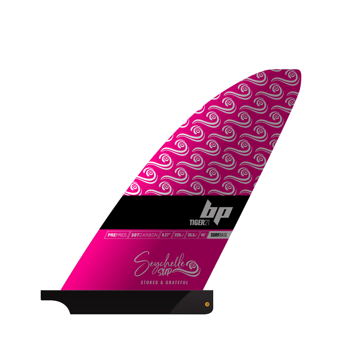 Black Project Tiger v2 Seychelles Edition - Pre-preg Carbon SUP fin, surf base left