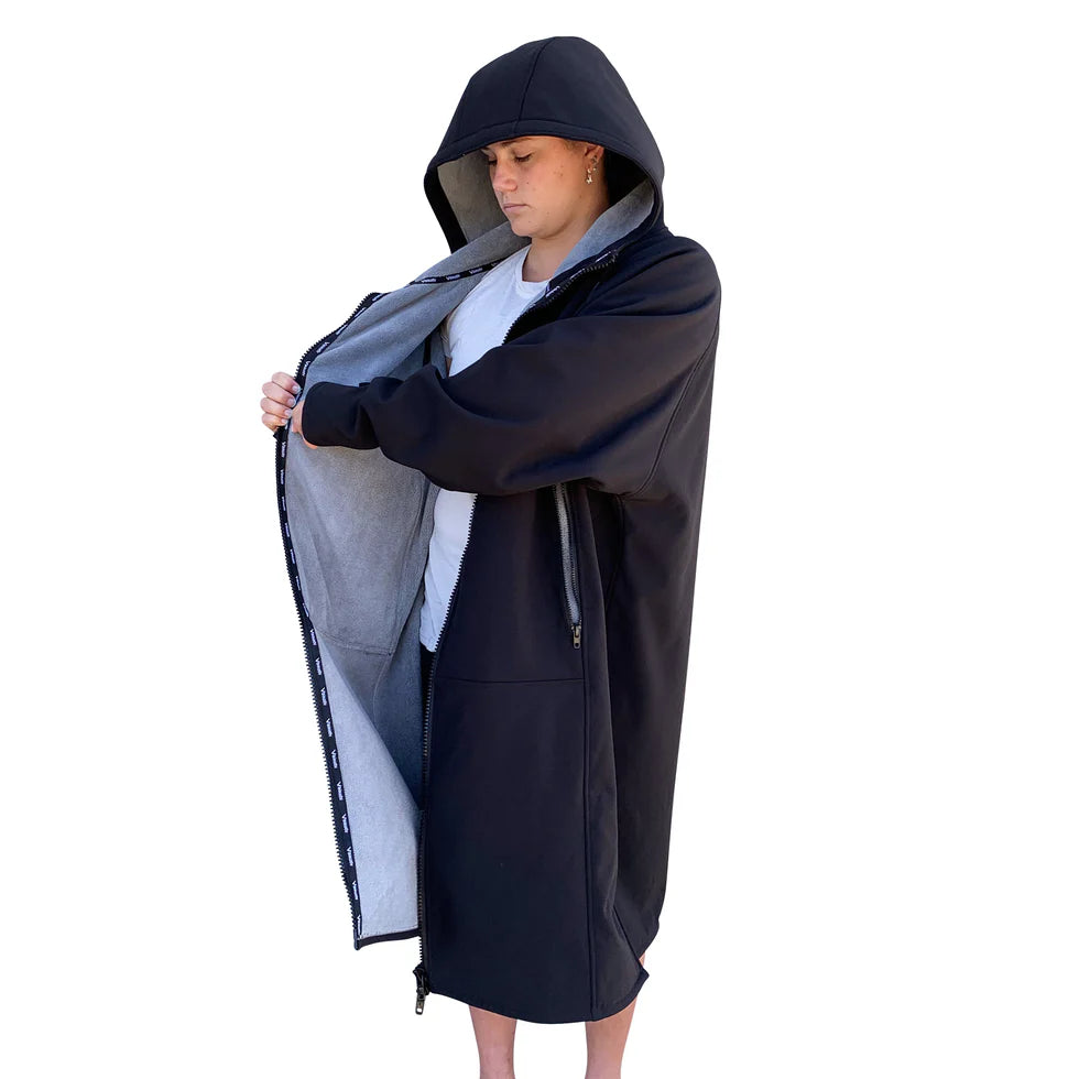 Vaikobi Beach Coat profile view with half open zip