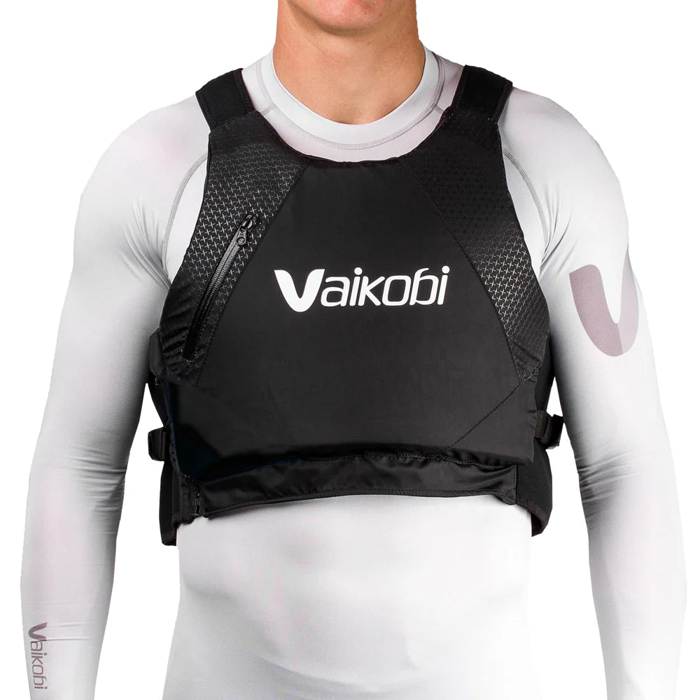 Vaikobi race pfd surfski sup life vest black front with male model