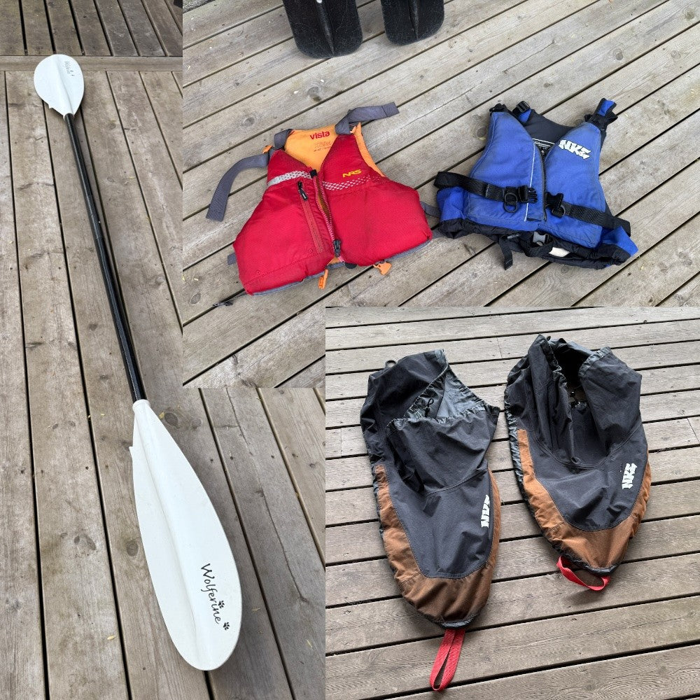 Rental accessories paddle, PFD and spray deck - example
