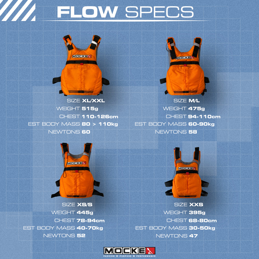 Mocke Flow PFD, orange life jacket for surfski, kayak and SUP - sizing chart