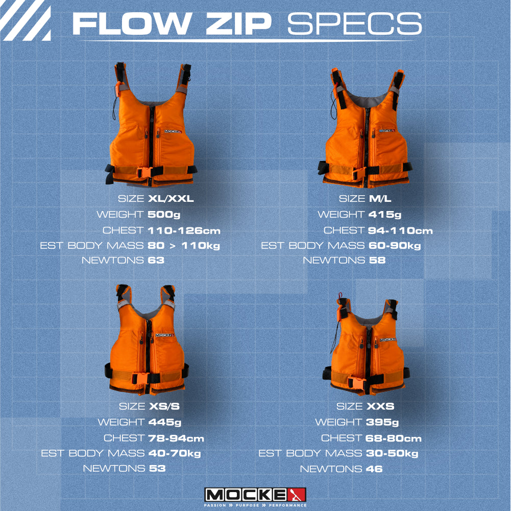 Mocke Flow Zip PFD - paddling life vest with front zip in orange color - sizing guide