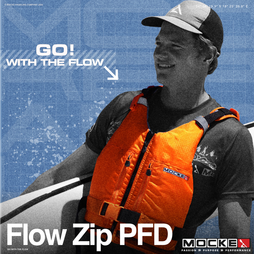Mocke Flow Zip PFD - paddling life vest with front zip in orange color - style pic with surfski paddler