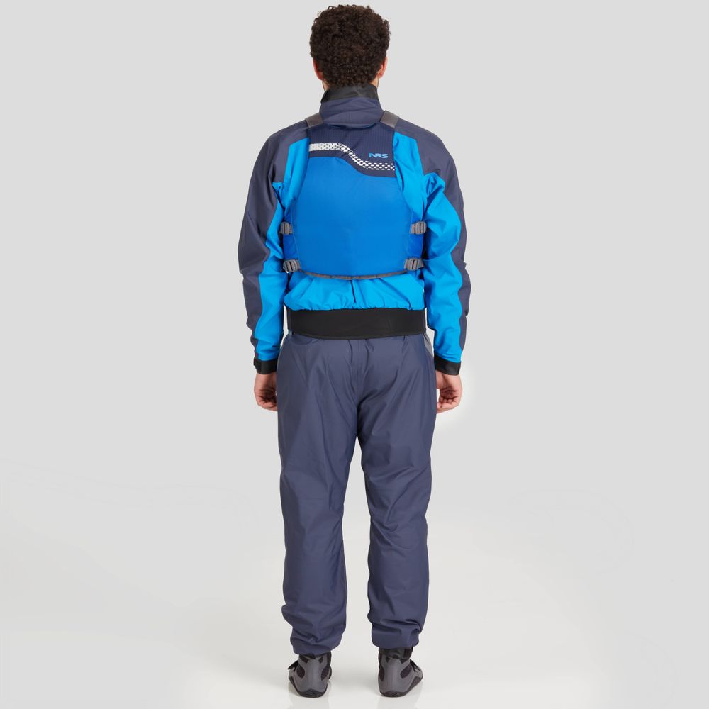 NRS Men&#39;s Echo Splash Jacket blue - with male model back with life jacket