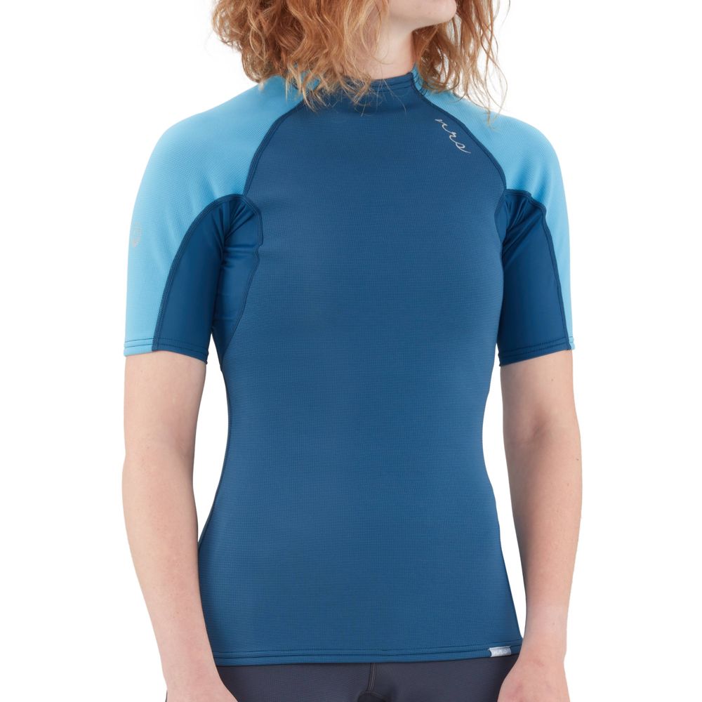 NRS Women&#39;s HydroSkin Short Sleeve Shirt neoprene shirt poseidon with model